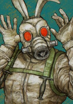 Rule 34 | 1boy, animal ears, caiman (dorohedoro), combat knife, commentary, dorohedoro, english commentary, fake animal ears, gas mask, gloves, highres, knife, knife sheath, mask, mixed-language commentary, rabbit ears, sheath, solo, unc, weapon