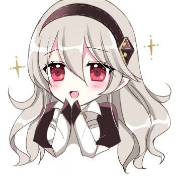 Rule 34 | 1girl, :d, black gloves, black hairband, blush, breasts, chibi, chibi only, commentary request, cropped torso, female corrin (fire emblem), fire emblem, fire emblem fates, gloves, grey hair, hair between eyes, hairband, hands up, kirishima riona, looking at viewer, nintendo, open mouth, red eyes, simple background, small breasts, smile, solo, sparkle, upper body, white background