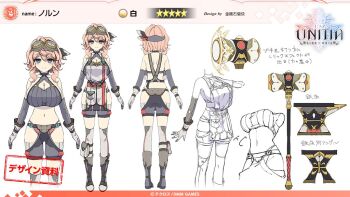 1girl axe bad_tag bare_shoulders black_shorts blue_eyes boots breasts cleavage cleavage_cutout clothing_cutout detached_sleeves female gloves goggles goggles_on_head grey_gloves hammer helmet hip_vent holding holding_hammer huge_breasts large_breasts light_brown_hair looking_at_viewer medium_hair midriff mole mole_on_breast navel pink_hair short_hair shorts smile standing thigh_cutout thighhighs unitia weapon white_gloves