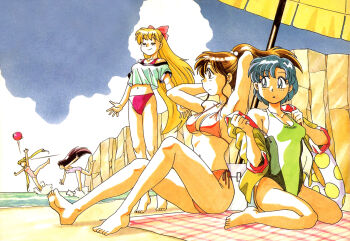 Rule 34 | 1990s (style), 5girls, aino minako, azuma kiyohiko, ball, barefoot, beach, beach umbrella, beachball, bikini, bishoujo senshi sailor moon, black hair, blonde hair, blue eyes, blue hair, breasts, brown eyes, brown hair, cleavage, clothes writing, competition swimsuit, crop top, crop top overhang, day, green one-piece swimsuit, heel up, high ponytail, hino rei, in the face, kino makoto, long hair, marker (medium), medium breasts, midriff, mizuno ami, multiple girls, navel, off shoulder, official art, one-piece swimsuit, outdoors, pink one-piece swimsuit, ponytail, retro artstyle, sailor senshi, scan, side-tie bikini bottom, sitting, small breasts, summer, swimsuit, traditional media, tsukino usagi, twintails, umbrella, underboob, undressing, very long hair, wariza