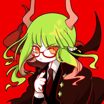 1boy absurdres akhssm-br black_suit demon_boy demon_horns formal_clothes funamusea green_hair haiiro_teien highres horns long_sidelocks looking_at_viewer red_eyes short_hair_with_long_locks sidelocks slit_pupils solo suit yosaflame_(funamusea)