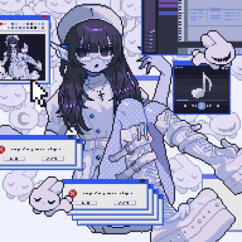 1girl animal black_eyes black_hair blunt_bangs cross cross_necklace cursor from_below full_body glasses hair_over_shoulder hand_up hat highres jewelry knees_together_feet_apart knees_up leggings long_hair musical_note necklace nurse_cap original pixel_art platform_shoes pointy_ears rabbit screen_zoom shoes solo too_many too_many_rabbits uzume_(uzm0) waistband white_gown white_leggings window_(computing)