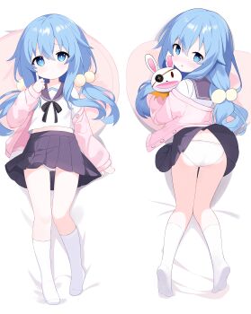 1girl absurdres ass bad_id bad_pixiv_id blue_eyes blue_hair blue_skirt blush cardigan clothes_lift commission dakimakura_(medium) date_a_live expressionless feet from_behind full_body gluteal_fold hair_bobbles hair_ornament hand_puppet highres himekawa_yoshino kneehighs kneepits legs loli long_hair looking_at_viewer looking_back lying multiple_views no_shoes off_shoulder on_back on_stomach open_mouth panties panty_peek pawrorikon pink_cardigan pixiv_commission pleated_skirt puppet school_uniform serafuku shirt skirt skirt_lift socks soles thighs twintails underwear white_panties white_shirt white_socks