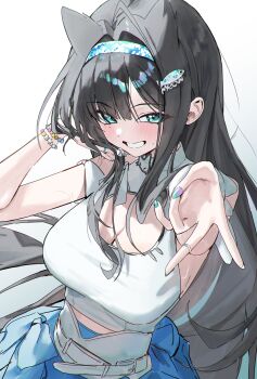 1girl absurdres aqua_headband bead_bracelet beads black_hair blue_eyes blue_headband blue_skirt blush bracelet breasts cleavage clothing_cutout commentary_request fish_hair_ornament goddess_of_victory:_nikke gyaru_v hair_ornament hairband headband headset highres idol jewelry large_breasts long_hair looking_at_viewer mint_(nikke) open_mouth rosu_1109 shirt simple_background skirt sleeveless smile solo v white_shirt
