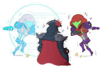 Rule 34 | 1boy, 1girl, anger vein, arm cannon, armor, assault visor, cape, chibi, commentary request, full armor, gravity suit (metroid), green visor, metroid, metroid dread, musical note, nintendo, power armor, power suit (metroid), purple armor, raven beak (metroid), red cape, samus aran, simple background, wakaba (wata ridley), weapon, white background