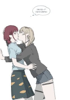 Rule 34 | 2girls, black choker, black shirt, black skirt, blue shirt, blue shorts, blush, choker, closed eyes, girls band cry, grey hair, hand on another's head, highres, iseri nina, kabedon, kawaragi momoka, kiss, korean text, krisjennnnn, long hair, looking at another, multicolored hair, multiple girls, red hair, roots (hair), shirt, short twintails, shorts, simple background, skirt, speech bubble, thought bubble, translation request, twintails, white background, yuri