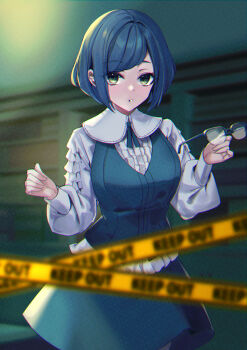 1girl absurdres blue_hair blue_skirt blue_vest breasts caution_tape cowboy_shot fukurai_azami green_eyes hane_yuki highres keep_out large_breasts looking_at_viewer parted_lips shirt short_hair skirt solo teeth toshi_densetsu_kaitai_center vest white_shirt