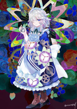 1girl absurdres apron blue_dress blue_eyes boots bow braid clock colorful dress frills glowing highres izayoi_sakuya lace long_sleeves maid niseneko_(mofumofu_ga_ienai) pocket_watch smile touhou watch white_apron
