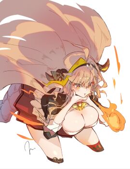1girl absurdres ahoge black_jacket blonde_streaks breasts breath_weapon breathing_fire cleavage cleavage_cutout clothing_cutout commentary_request dragon_girl dragon_horns dragon_tail fire highres hololive horns jacket kiryu_coco kiryu_coco_(1st_costume) large_breasts long_hair looking_at_viewer open_mouth orange_hair red_eyes red_skirt shirt skirt solo tail torokko virtual_youtuber white_shirt