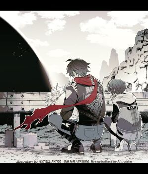 1boy 1girl animal_print belle_(zenless_zone_zero) black_shirt boots bouquet fingerless_gloves flower from_behind gloves greyscale hair_ornament highres holding holding_bouquet hollow_(zenless_zone_zero) jacket leather leather_jacket letter_hair_ornament letterboxed lighter_(zenless_zone_zero) meiji_ken monochrome print_jacket red_scarf scarf shirt shoes shoulder_spikes single_fingerless_glove single_thighhigh skirt sky sleeveless sleeveless_jacket spiked_jacket spikes spot_color squatting thighhighs tiger_print torn_clothes torn_scarf zenless_zone_zero