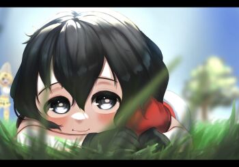 2girls animal_ears black_eyes black_hair blonde_hair blue_sky bow bowtie cat_ears cat_girl commentary_request extra_ears gloves highres kaban_(kemono_friends) kemono_friends looking_at_viewer multiple_girls outdoors r_(r_gavaaim) serval_(kemono_friends) shirt short_hair shorts skirt sky sleeveless sleeveless_shirt thighhighs