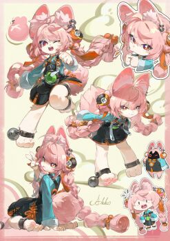 1girl absurdres akko59071646 animal_ear_fluff animal_ear_piercing animal_ears animal_feet animal_nose barefoot braid chibi furry furry_female hashtag-only_commentary highres long_hair multiple_views one_eye_closed open_mouth pink_fur pink_hair rabbit_ears rabbit_girl red_eyes solo tail thick_eyebrows twin_braids yurie_mouth zenless_zone_zero zhao_(zenless_zone_zero)