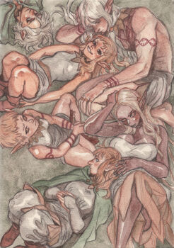 2boys 4girls blonde_hair breasts cithis cleavage dark-skinned_female dark_skin dungeon_meshi elf fleki grey_hair hand_on_another&#039;s_head highres hrknk lycion mithrun multiple_boys multiple_girls otta_(dungeon_meshi) painting_(medium) pattadol pointy_ears short_hair sitting tattoo traditional_media very_short_hair watercolor_(medium)