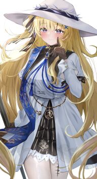 1girl absurdres black_gloves black_ribbon blonde_hair closed_mouth commentary cross_hair_ornament floating_hair gloves hair_ornament hair_ribbon hat highres holding index_finger_raised long_sleeves looking_at_viewer pantyhose phoebe_(wuthering_waves) ribbon simple_background skirt smile solo standing tacet_mark_(wuthering_waves) toratora_(nanahaba) white_background white_hat white_pantyhose white_skirt wuthering_waves