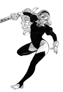 1girl ai-wa alternate_costume breasts collared_leotard commentary_request female_corrin_(fire_emblem) fire_emblem fire_emblem_fates frown greyscale hairband highres holding holding_sword holding_weapon leotard long_hair medium_breasts monochrome nintendo open_mouth pointy_ears puffy_sleeves red_eyes simple_background solo stirrup_legwear sword thighhighs toeless_legwear weapon white_background wrist_cuffs yato_(fire_emblem)
