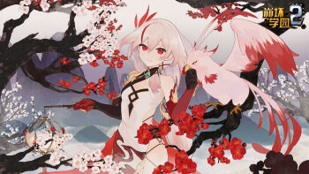 1girl :d absurdres asymmetrical_gloves bare_shoulders benghuai_xueyuan bird blue_flower breasts brown_gloves cherry_blossoms china_dress chinese_clothes copyright_name dress elbow_gloves flower fu_hua fu_hua_(phoenix) gloves grey_sky grin hair_between_eyes hair_ornament highres holding holding_lantern honkai_(series) jingwei_(bird) lantern logo long_hair looking_at_viewer mismatched_gloves mogomaco mountainous_horizon multicolored_hair official_art open_mouth outdoors phoenix pink_flower red_eyes red_flower red_gloves red_hair second-party_source single_bare_shoulder sky small_breasts smile solo streaked_hair teeth tree upper_body white_dress white_hair