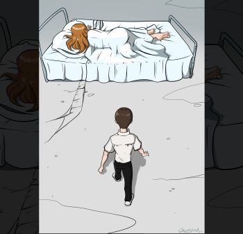 1boy 1girl 2023 absurdres akira_(manga) akira_movie_poster ass bed black_hair brown_hair dahs dated fetal_position full_body ground gunshad hetero highres ikari_shinji imminent_masturbation long_hair lying meme neon_genesis_evangelion parody pervert road short_hair souryuu_asuka_langley the_end_of_evangelion what