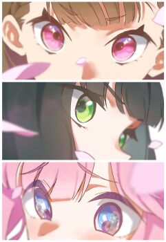 3girls absurdres anyoji_hime black_hair blue_eyes blunt_bangs braid brown_hair center-flap_bangs column_lineup commentary eye_focus fujishima_megumi green_eyes highres kachimachi_kosuzu link!_like!_love_live! love_live! momose_ginko multiple_girls osawa_rurino pink_eyes pink_hair raised_inner_eyebrows short_eyebrows side_braids sparkling_eyes sunkeun v-shaped_eyebrows virtual_youtuber