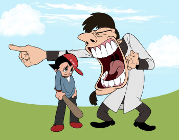 Rule 34 | 2boys, age difference, android, angry, artist request, atom (tetsuwan atom), baseball bat, black hair, disgust, father and son, highres, looking at another, meme, multiple boys, nose, open mouth, outdoors, parody, playing sports, pointy hair, robot, sad, size difference, spiked hair, standing, style parody, tenma umatarou, tetsuwan atom