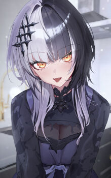 1girl absurdres alternate_costume black_choker black_hair black_shirt blunt_bangs breasts choker cleavage_cutout clothing_cutout commentary grey_hair highres hololive hololive_english indoors large_breasts long_hair long_sleeves looking_at_viewer multicolored_hair see-through_cleavage see-through_clothes shiori_novella shirt solo split-color_hair symbol-only_commentary tongue tongue_out two-tone_hair upper_body virtual_youtuber yellow_eyes yoellim5