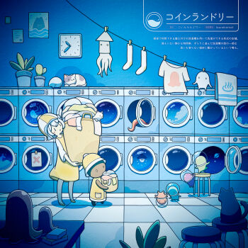 Rule 34 | 1girl, absurdres, blush, cactus, cat, clock, clothesline, commentary request, food, food art, grey hair, hat, helmet, highres, jellyfish, laundromat, laundry, laundry basket, night, open mouth, original, planetary ring, plant, potted plant, shirt, simple bird, space helmet, square clock, stool, table, tako-san wiener, translation request, tti design, wall clock, washing machine, white cat