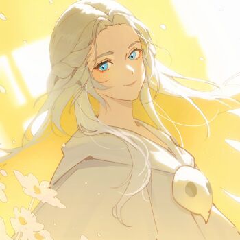 1girl blue_eyes braid final_fantasy final_fantasy_xiv flower half_up_braid highres long_hair looking_at_viewer lyra-kotto mask mask_around_neck smile solo sophist&#039;s_robe_(ff14) unworn_mask upper_body venat_(ff14) white_flower white_hair yellow_background yellow_theme