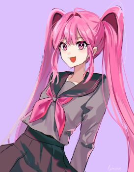 1girl :3 :d ahoge arms_behind_back black_sailor_collar black_skirt breasts bright_pupils chromatic_aberration cowboy_shot double-parted_bangs dress grey_shirt hair_between_eyes hair_intakes hashtag-only_commentary highres leaning_back long_hair long_sleeves looking_at_viewer neckerchief open_mouth pink_eyes pink_hair pink_neckerchief pleated_dress purple_background ramune55ni sailor_collar satoishi_yuka school_uniform shirt sidelocks simple_background sitting skirt small_breasts smile solo twintails utau very_long_hair voicevox white_pupils