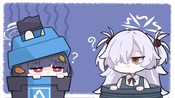 2girls :3 ? alternate_halo animal_ears black_hair blue_archive brown_eyes cauldron closed_mouth collared_shirt commentary_request emfldzm159 fake_animal_ears grey_hair hair_over_one_eye halo highres in_cauldron in_container in_trash_can kanoe_(blue_archive) korean_commentary leaf leaf_on_head long_hair messy_hair miyu_(blue_archive) multiple_girls rabbit_ears red_eyes shirt trash_can two_side_up white_halo white_shirt