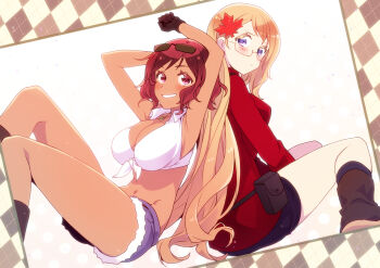 2girls america_(female)_(hetalia) america_(hetalia) axis_powers_hetalia back-to-back blonde_hair blush breasts canada_(female)_(hetalia) canada_(hetalia) cleavage crop_top dark-skinned_female dark_skin denim denim_shorts eyewear_on_head feet_out_of_frame glasses gloves highres large_breasts long_hair looking_at_viewer maple_leaf_hair_ornament midriff multiple_girls navel open_mouth pink_eyes purple_eyes red_hair shirt short_hair shorts siblings sisters smile snk_aphfan white_background