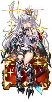 1girl armor bare_shoulders black_dress blush breasts closed_eyes coin crown dragon_wings dress fate/grand_order fate_(series) forked_eyebrows full_body gauntlets gold_coin gold_trim greaves highres long_hair melusine_(fate) melusine_(the_treasure)_(fate) mini_crown open_mouth shino_(eefy) short_dress sidelocks silver_trim small_breasts smile tail treasure_chest two-tone_dress variant_set white_background white_dress white_hair wings