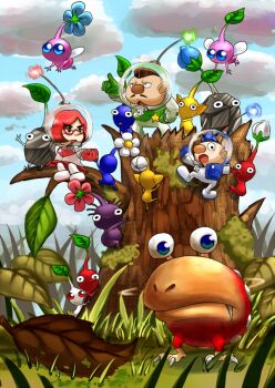 Rule 34 | 1girl, 2boys, alph (pikmin), autumn leaves, backpack, badge, bag, big nose, black eyes, black skin, blue bag, blue eyes, blue gloves, blue hair, blue light, blue pikmin, blue skin, blue sky, brittany (pikmin), brown hair, bud, bulborb, charlie (pikmin), clenched hand, climbing, cloud, colored skin, commentary request, day, eyelashes, facial hair, fang, fang out, flower, flying, freckles, from behind, gauge, gloves, grass, green gloves, green light, half-closed eyes, hand on another's arm, hand on another's hand, hand on own hip, helmet, insect wings, leaf, looking ahead, looking at another, looking at viewer, looking back, mini person, miniboy, minigirl, miniskirt, mohawk, moss, multiple boys, mustache, nintendo, no mouth, nostrils, open mouth, outdoors, pale skin, pikmin (creature), pikmin (series), pink flower, pink gloves, pink hair, pink light, pink skin, pink skirt, pointing, pointing forward, pointy ears, pointy nose, polka dot, purple hair, purple pikmin, purple skin, radio antenna, reaching, red eyes, red pikmin, red skin, rock, rock pikmin, short hair, sitting on branch, skirt, sky, smile, solid eyes, space helmet, spacesuit, star (symbol), tree stump, triangle mouth, very short hair, whistle, white pikmin, white skin, winged pikmin, wings, yamato koara, yellow pikmin, yellow skin