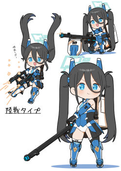 1girl :d aris_(blue_archive) aris_(mecha_suit)_(blue_archive) bare_shoulders black_boots black_hair blue_archive blue_eyes blue_necktie blush boots capriccyo chibi closed_mouth colored_shadow dual_wielding firing floating_hair glint gun halo headgear highres holding holding_gun holding_weapon leotard long_hair mecha_musume multiple_views necktie on_one_knee open_mouth shadow smile thigh_boots translation_request twintails v-shaped_eyebrows very_long_hair weapon white_leotard
