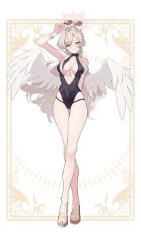 1girl absurdres angel_wings anklet arm_behind_back arume_ad aviator_sunglasses bangle bare_shoulders black_one-piece_swimsuit blue_archive blush bracelet breasts brown-tinted_eyewear brown_hair closed_mouth commentary covered_navel crossed_legs earrings eyewear_lift feathered_wings feet full_body halo highres holding holding_removed_eyewear hoop_earrings jewelry large_breasts long_hair looking_at_viewer low_wings multiple_bracelets nagisa_(blue_archive) nagisa_(swimsuit)_(blue_archive) necklace official_alternate_costume official_alternate_hairstyle one-piece_swimsuit pink_halo ponytail sandals smile solo standing sunglasses swimsuit thigh_gap tinted_eyewear toes unworn_eyewear white_wings wings