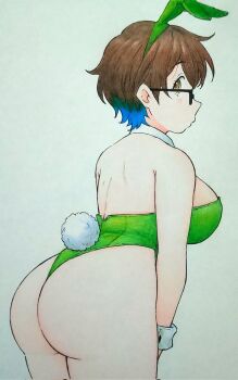 1girl animal_ears ass back blue_hair breasts brown_eyes brown_hair curvy detached_collar glasses grey_background gyupolo9 highres imari_youko large_breasts multicolored_hair playboy_bunny rabbit_ears rabbit_tail ruri_no_houseki short_hair simple_background tail traditional_media wrist_cuffs