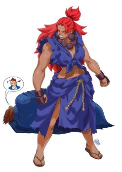 Rule 34 | 1boy, 1girl, absurdres, akuma (street fighter), angry, beads, breasts, capcom, cleavage, commentary, dark-skinned female, dark skin, darkstalkers, defeat, demitri maximoff, dougi, english commentary, front-tie top, genderswap, genderswap (mtf), head bump, highres, japanese clothes, jewelry, large breasts, long hair, midriff, muscular, muscular female, ponytail, prayer beads, red eyes, red hair, rope, sandals, shirt, speech bubble, spoken character, street fighter, tied shirt, toes, topknot, tovio rogers