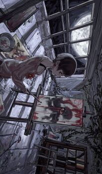 1girl bloodshot_eyes bob_cut bra_strap brown_eyes brown_hair bucket canvas_(object) commentary cowboy_shot earrings easel english_commentary fake_blood full_moon highres holding holding_paintbrush indoors jewelry looking_back moon night off-shoulder_sweater off_shoulder original paint_splatter paintbrush revol4357 shelf short_hair sideways solo standing surreal sweater window_light