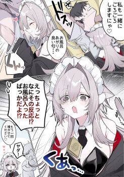 1boy 1girl animal_ears anoyo_(anoyode0) banknote cat_ears cat_girl cat_tail coat dialogue_box grey_eyes grey_hair highres long_hair maid_headdress money money_between_breasts off_shoulder open_mouth original playboy_bunny tail
