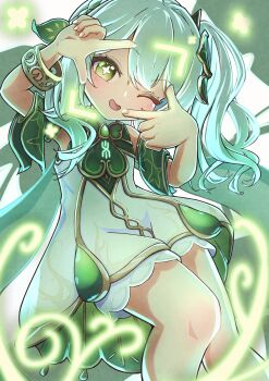 1girl absurdres barurun_pen bloomers bracelet braid breasts commentary cross-shaped_pupils dress fingernails genshin_impact gold_bracelet green_eyes green_hair hair_between_eyes hair_intakes hair_ornament hand_up highres jewelry leaf_hair_ornament long_hair looking_at_viewer multicolored_hair nahida_(genshin_impact) pointy_ears short_sleeves side_ponytail sleeveless sleeveless_dress small_breasts smile solo streaked_hair symbol-shaped_pupils underwear white_dress white_hair
