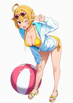 1girl absurdres ahoge alternate_breast_size_(larger) ball beachball bent_over bikini bikini_under_clothes blonde_hair blush breasts cleavage collarbone commentary_request eyewear_on_head full_body hair_between_eyes halterneck hand_on_own_knee heart heart-shaped_eyewear highres ibuki_tsubasa idolmaster idolmaster_million_live! idolmaster_million_live!_theater_days jacket karua_(karua23) large_breasts long_sleeves looking_at_viewer no_pants one_eye_closed open_clothes open_jacket open_mouth partially_unzipped pink-framed_eyewear pink_eyes sandals short_hair side-tie_bikini_bottom simple_background smile solo string_bikini sunglasses swimsuit v white_background white_jacket yellow_bikini