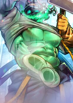 1boy abs against_glass bara bare_pectorals baseball_cap bulge cleaning clothes_lift colored_skin covered_testicles cowboy_shot fire gloves green_fire green_skin hat highres janitor_thresh large_bulge large_pectorals league_of_legends male_focus muscular muscular_male navel nipples open_fly pectorals penis_on_glass see-through_underwear shirt_lift sleeves_rolled_up solo thresh_(league_of_legends) vorusu yellow_gloves