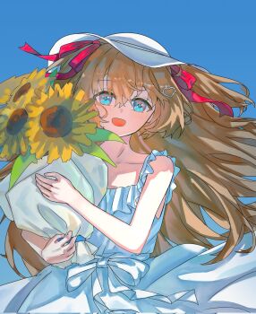 1girl blue_background blue_eyes bouquet brown_hair collarbone dress eananaia floating_clothes floating_hair flower hair_between_eyes hair_ornament hair_ribbon hashtag-only_commentary hat heart heart_hair_ornament highres holding holding_bouquet long_hair looking_at_viewer neuro-sama open_mouth red_ribbon ribbon simple_background sleeveless sleeveless_dress solo sundress two_side_up upper_body vedal_ai virtual_youtuber white_dress white_hat wind wind_lift