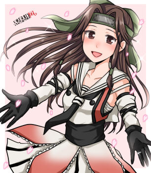 1girl absurdres black_gloves black_neckerchief brown_eyes brown_hair buttons collarbone double-breasted elbow_gloves forehead_protector gloves green_headband hair_intakes half_updo hamu_agaki headband highres jintsuu_(kancolle) jintsuu_kai_ni_(kancolle) kantai_collection looking_at_viewer neckerchief one-hour_drawing_challenge open_mouth orange_shirt petals pleated_skirt sarashi school_uniform serafuku shirt skirt sleeveless sleeveless_shirt smile solo white_skirt
