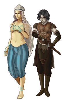 1boy 1girl absurdres adapted_costume armor barefoot black_hair blue_eyes blue_pants body_markings boots breasts brokenramen brown_boots brown_gloves brown_hair brown_pants cahara_(fear_&amp;_hunger) closed_mouth commentary elbow_gloves fear_&amp;_hunger_(series) fear_&amp;_hunger_1 fold-over_gloves full_body gloves hand_on_own_chest hat highres holding holding_sword holding_weapon knee_boots leather_armor long_hair medium_breasts nilvan_(fear_&amp;_hunger) no_nipples pants sheathing short_hair simple_background skirt striped_clothes striped_pants sword topless_female vertical-striped_clothes vertical-striped_pants weapon white_background white_hat yellow_skirt