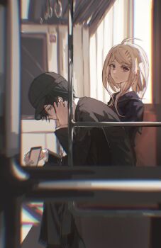 1boy 1girl ahoge akamatsu_kaede baseball_cap black_hair black_hat black_jacket black_pants blazer blonde_hair blue_sailor_collar blue_shirt ceiling_light cellphone chair closed_mouth collared_shirt danganronpa_(series) danganronpa_v3:_killing_harmony day dress_pants earbuds earphones eyelashes feet_out_of_frame fu_ga_(vivi912912) hair_ornament hairclip half-closed_eyes hat highres holding holding_phone indoors jacket layered_sleeves leaning_forward light_frown listening_to_music long_eyelashes long_hair long_sleeves looking_at_viewer neckerchief obstructed_view official_alternate_costume on_chair pants phone pink_eyes red_neckerchief saihara_shuichi sailor_collar school_uniform serafuku shirt short_hair sidelocks sitting smartphone train_interior white_shirt window yellow_eyes