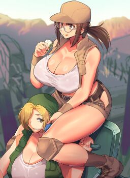 2girls bandana baseball_cap belt black_belt blonde_hair blurry blurry_background boots breasts brown_eyes brown_hair brown_hat brown_shorts brown_vest cleavage clothing_cutout commentary_request crop_top eating field_cap fio_germi food glasses green_bandana green_vest hat highres hip_vent huge_breasts juice_box kasamoto_eri knee_pads load_bearing_vest madsensei metal_slug multiple_girls navel open_clothes open_vest outdoors round_eyewear sandwich shorts sidelocks sitting sleeveless_vest tongue tongue_out utility_vest vest