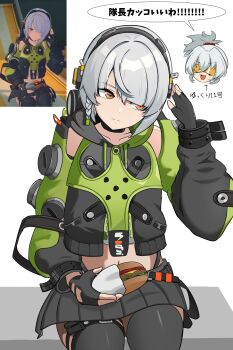 2girls absurdres anby_demara black_gloves black_skirt black_thighhighs braid burger commentary_request cosmetic_koucha fast_food fingerless_gloves food game_screenshot_inset gloves green_jacket green_sleeves grey_hair hair_between_eyes headphones highres holding holding_burger holding_food jacket long_hair multiple_girls navel open_mouth orange_eyes ponytail screenshot_inset short_hair sitting skirt soldier_11_(zenless_zone_zero) solo_focus speech_bubble thighhighs tinted_eyewear white_hair zenless_zone_zero