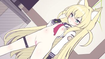1girl absurdres animal_ear_fluff animal_ears black_gloves blonde_hair blue_archive blue_sailor_collar blush bottomless censored classroom clothes_lift dutch_angle flat_chest fox_ears fox_girl gloves green_eyes green_gloves green_halo halo hand_up heart heart_censor highres holster kurumi_(blue_archive) loli long_hair long_sleeves looking_at_viewer multicolored_gloves naked_school_attendance navel neckerchief nipples nose_blush open_mouth puffy_long_sleeves puffy_sleeves pussy red_neckerchief sailor_collar sailor_shirt sasakura_momiji shirt shirt_lift solo thigh_holster triangle_halo two-sided_gloves two-tone_gloves two_side_up variant_set very_long_hair white_shirt