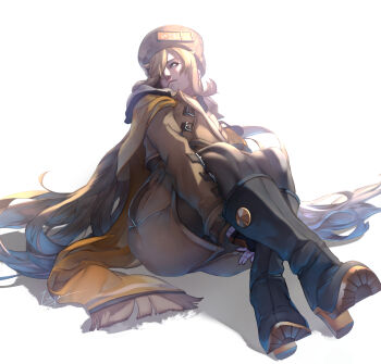 1girl absurdres black_boots black_pantyhose blonde_hair boots brown_coat brown_hat coat fur_hat guilty_gear guilty_gear_strive hair_over_one_eye hat highres long_hair millia_rage pantyhose sitting solo teppu_tora very_long_hair
