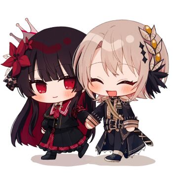 2girls :d ^_^ armband black_hair black_jacket black_pants black_shirt black_shoes black_skirt blonde_hair blush chibi chibi_only closed_eyes closed_mouth commentary_request crown epaulettes flower full_body hair_flower hair_ornament hasumi_leia highres jacket long_hair long_sleeves looking_at_another looking_at_viewer mahou_shoujo_no_majo_saiban multiple_girls necktie nikaido_hiro open_mouth pants red_armband red_eyes red_flower red_necktie sash shirt shoes short_hair shoulder_sash skirt smile standing taimu_(htrgt_31) walking white_background