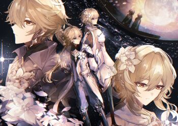 Rule 34 | 1boy, 1girl, aether (as heaven and earth are made anew) (genshin impact), aether (genshin impact), ahoge, back-to-back, backless dress, backless outfit, black boots, blonde hair, boots, brother and sister, closed mouth, coat, commentary request, detached sleeves, dress, expressionless, flower, full moon, genshin impact, hair flower, hair ornament, kuto9k, long hair, looking to the side, lumine (as heaven and earth are made anew) (genshin impact), lumine (genshin impact), moon, multiple views, official alternate costume, pants, ponytail, scarf, short hair with long locks, siblings, twins, white coat, white dress, white flower, white pants, white scarf, yellow eyes